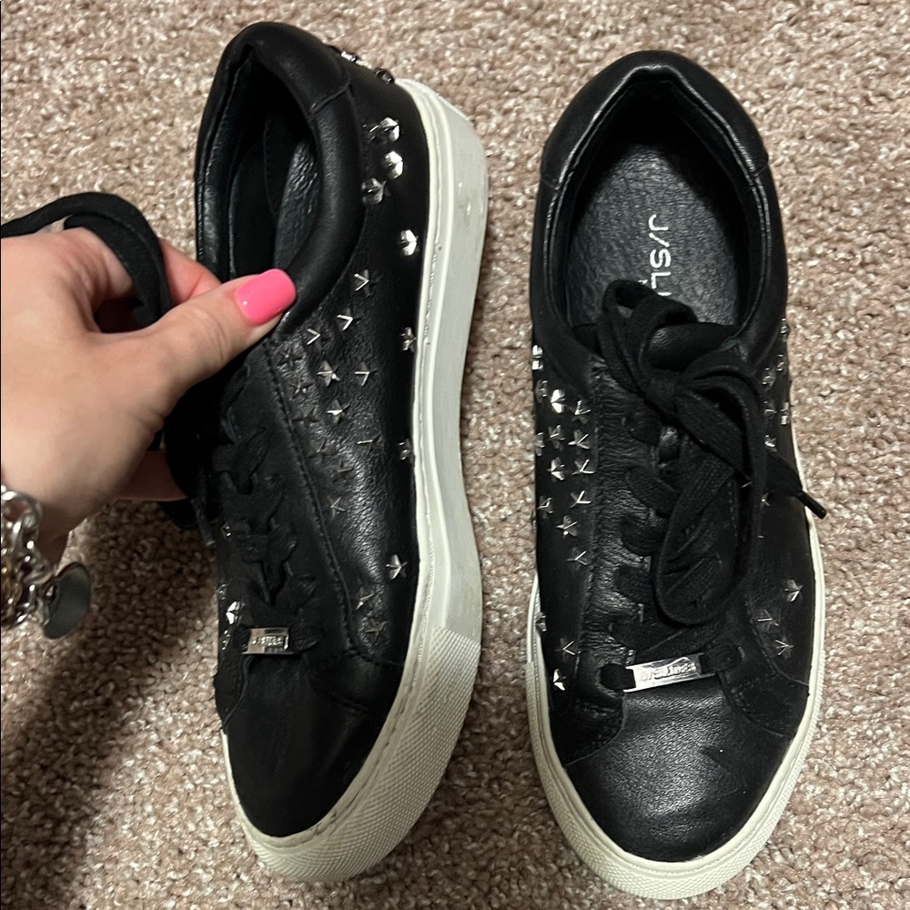 JSlides Black Leather-Look Sneakers with Silver Stars